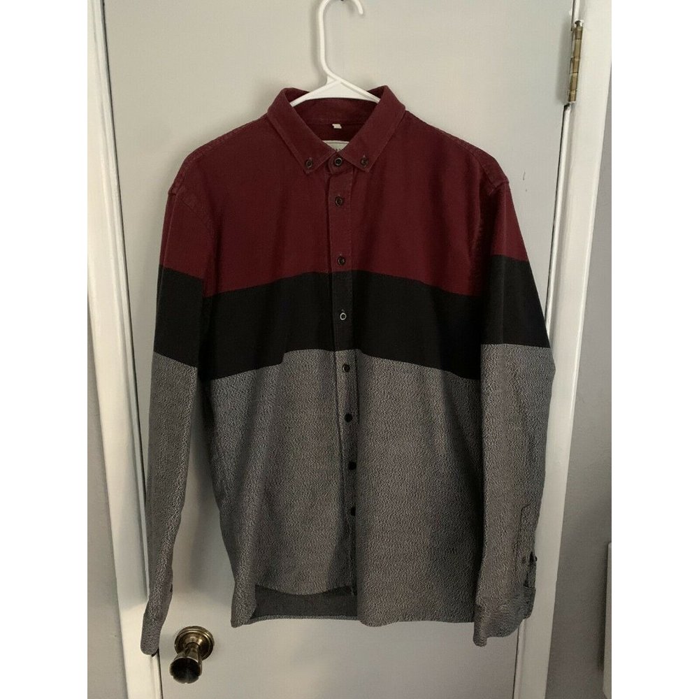 Frank Oak Men Button Front Shirt Red Black Gray